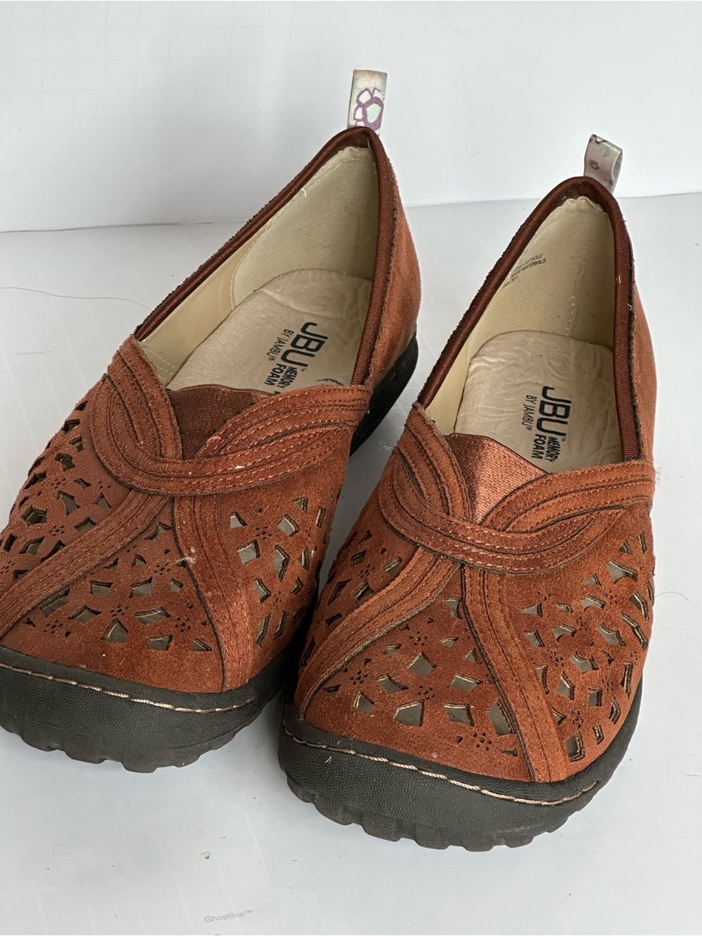 JBU by Jambu 9.5W Wide Brown Laser Cut Memory Foam Slip On Flats